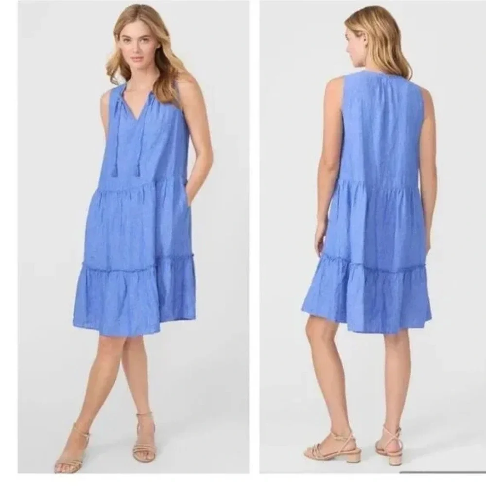 J. McLaughlin Blue Linen Sleeveless Tiered Tassel Tie Neck Dress Small Coastal - Picture 1 of 9